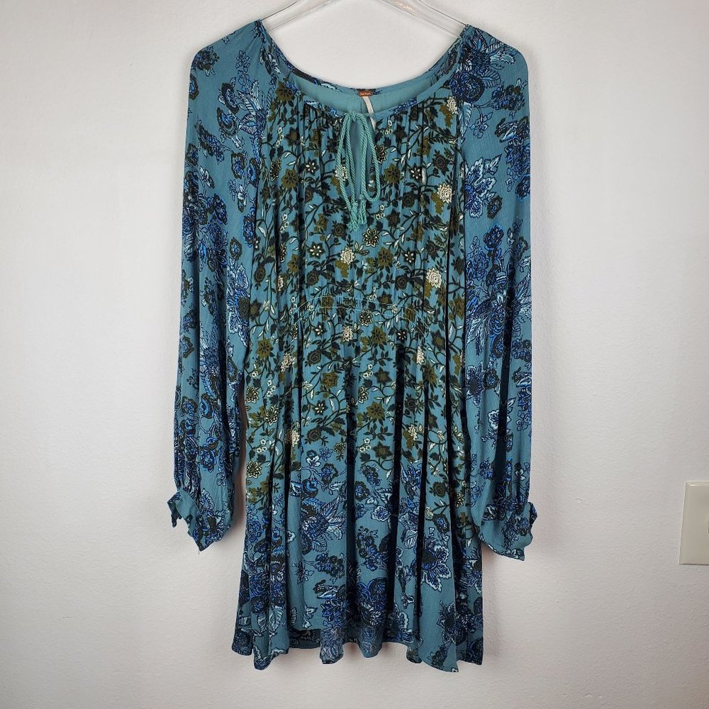 Free People blue cream floral long sleeve dress boho S